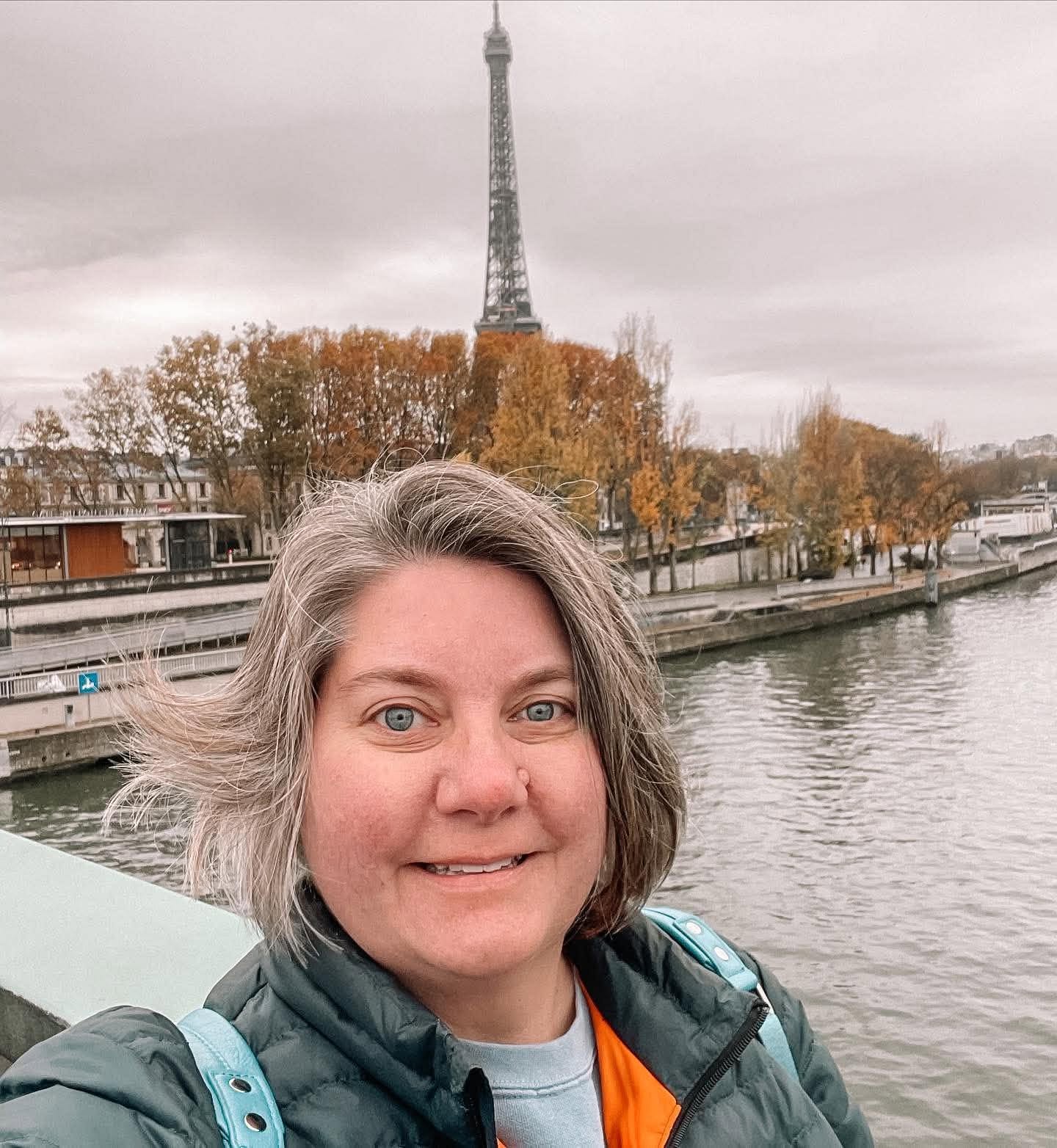 Heather in Paris with the Eiffel Tower
